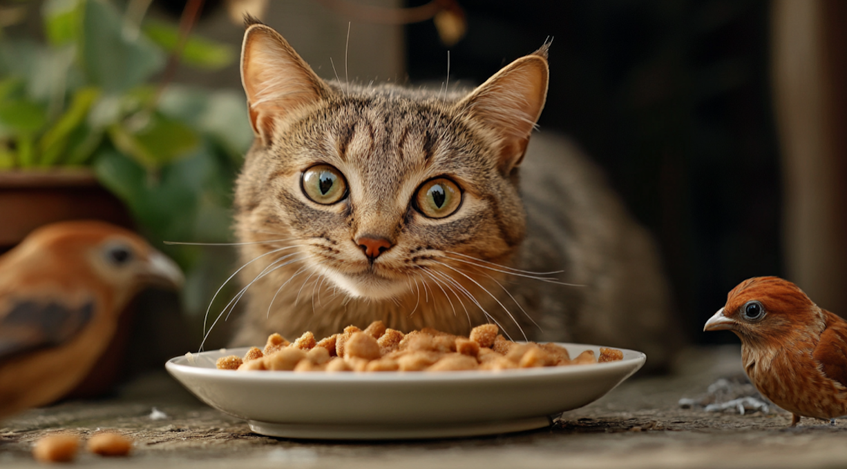 cat with birds and food